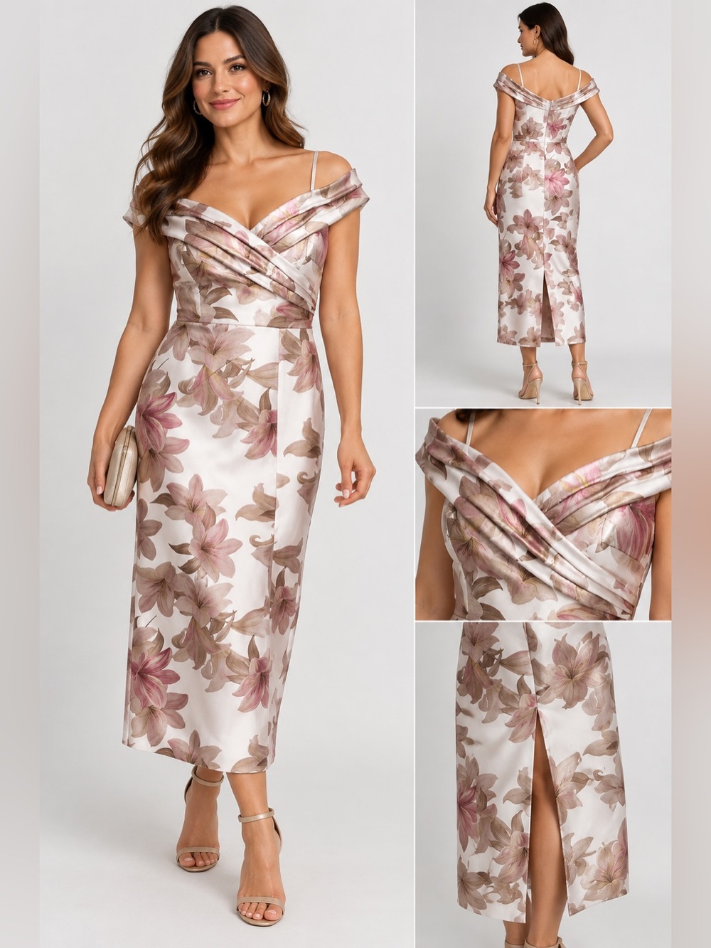 Off-Shoulder Floral Midi Dress in Blush and Taupe